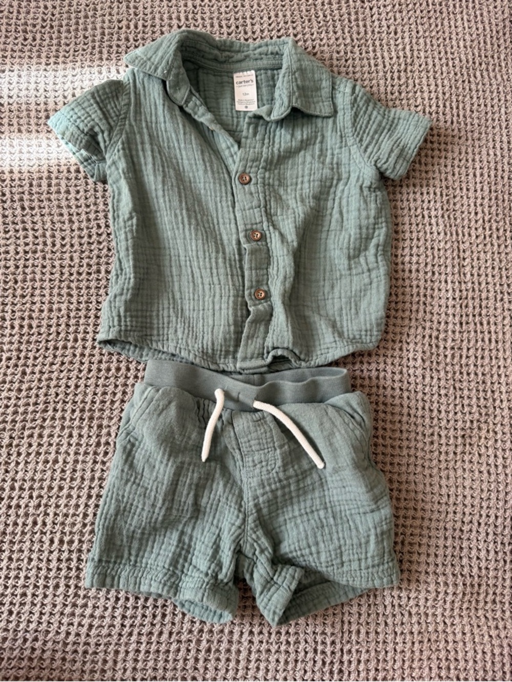 Carter's 100% Cotton Beach Outfit Lightweight Muslin Shirt & Shorts Set in Sage